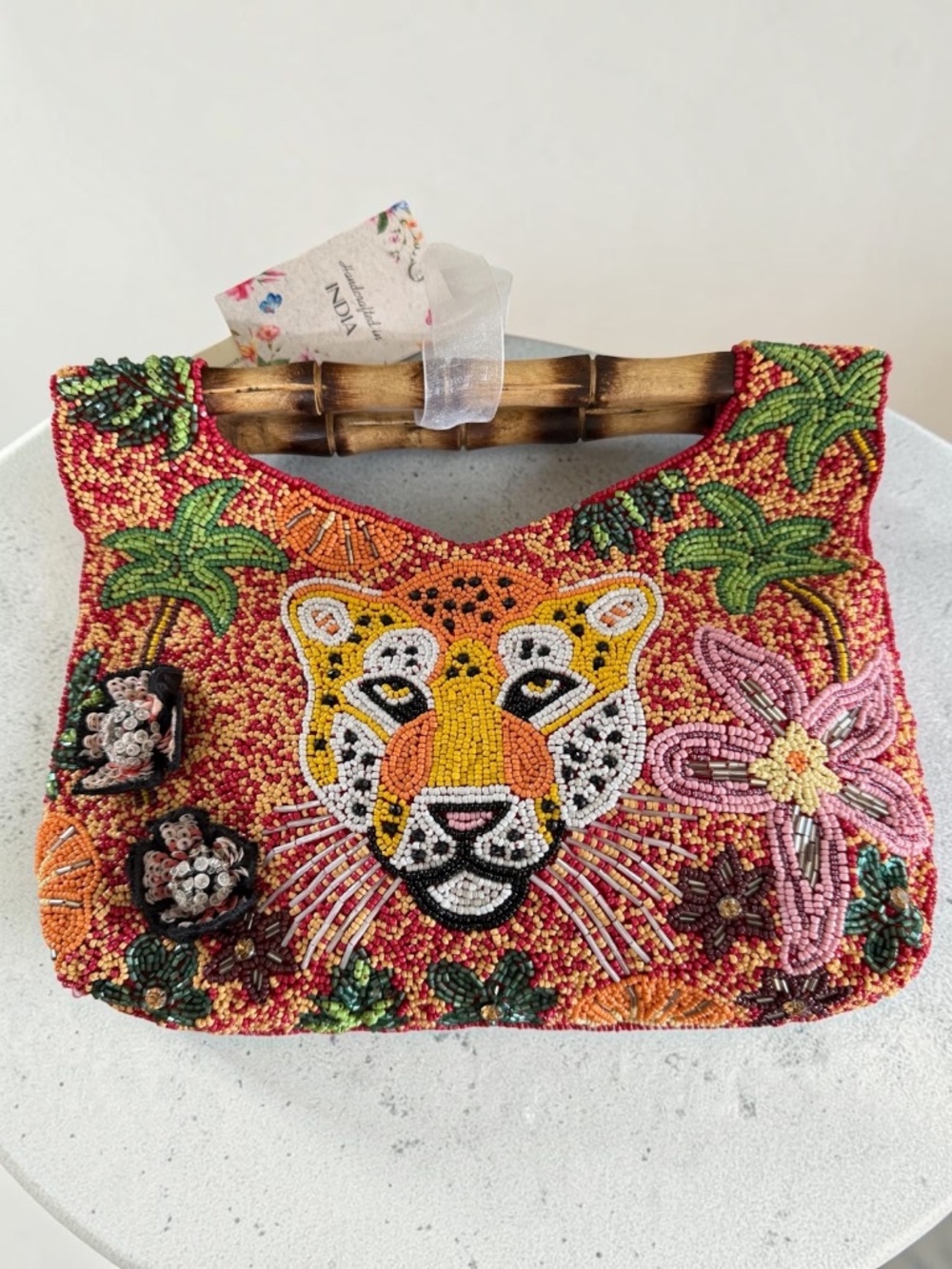 Handcrafted Beaded Jungle Jaguar/Leopard Face Handbag Bamboo Handle Clutch Purse